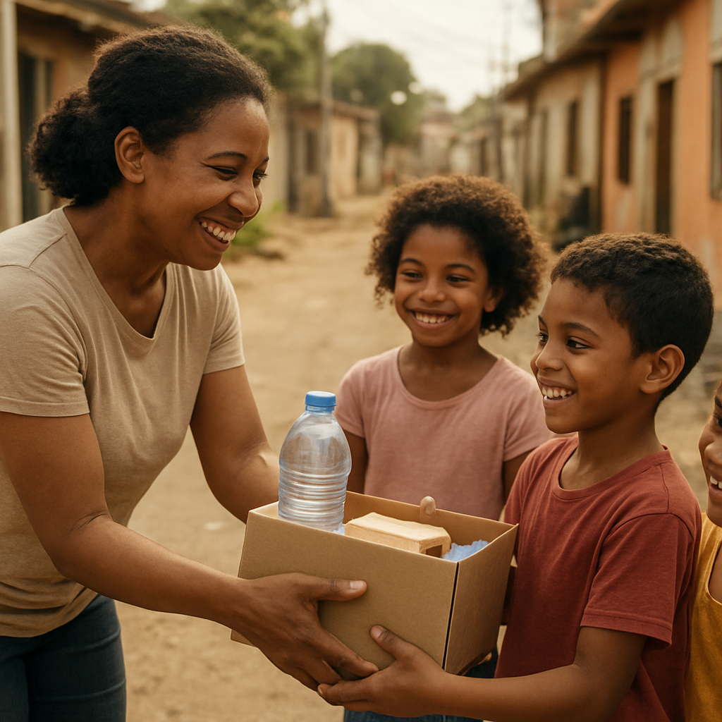 A volunteer sharing supplies with smiling children