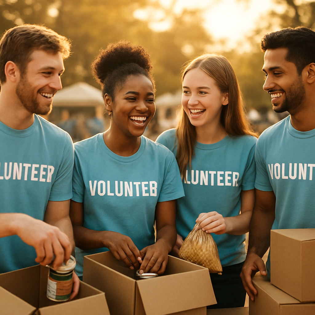 A team of volunteers packing care boxes together